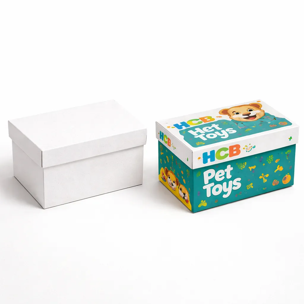 Two square two-piece rigid boxes with lids, one plain white and one featuring pet graphics and teal accents. class=